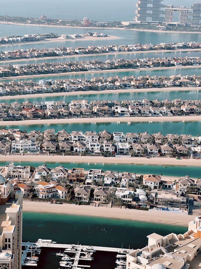 Spectacular aerial view of Palm Jumeirah's intricate villas and waterways in Dubai.